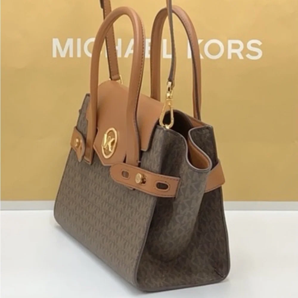 MICHAEL KORS Carmen Medium Faux Leather Belted Satchel Brown Signature color